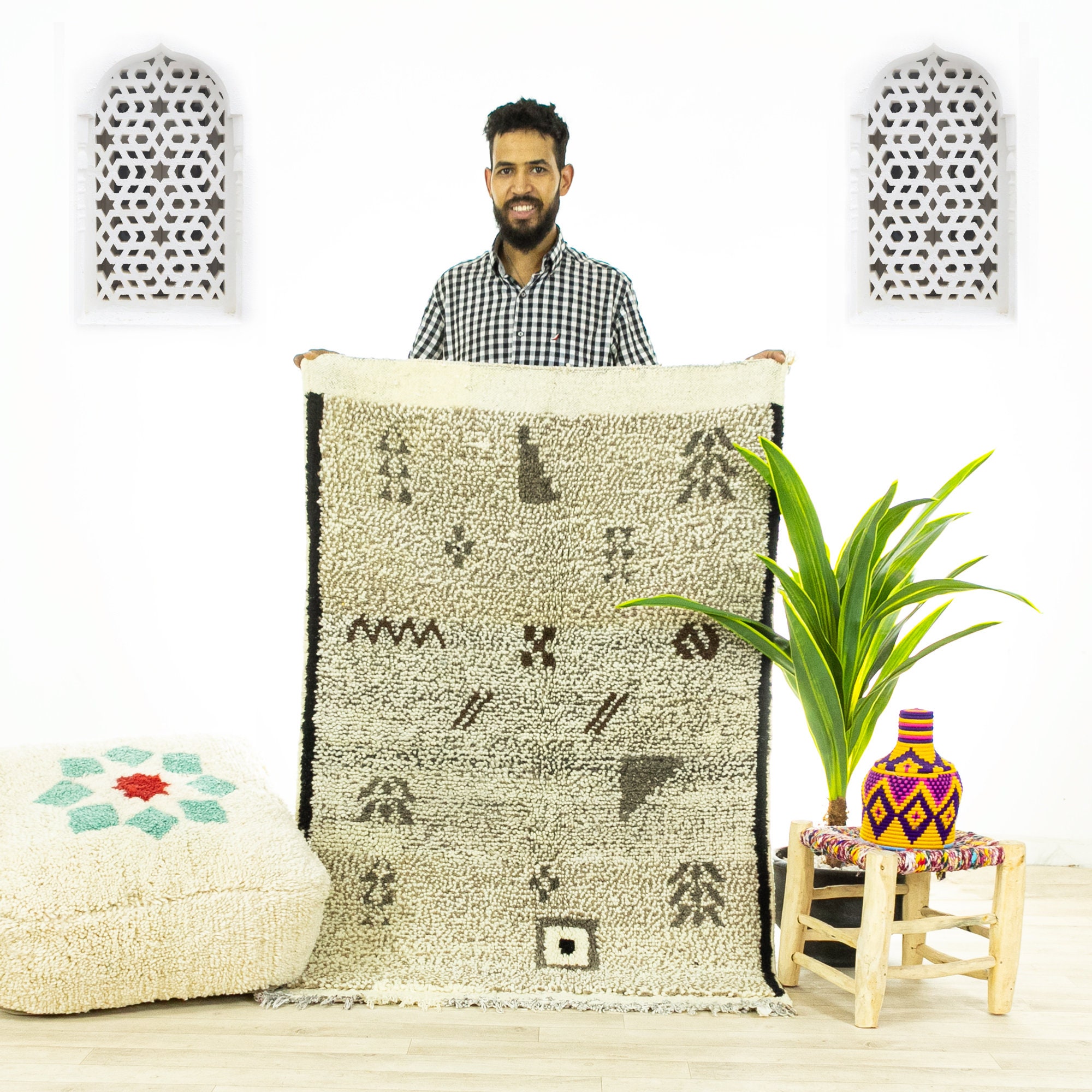 Petit Tapis Contemporain - Tapis Marocain de Zone Beni Ourain Fait à La Main Marron 3.3x4.8 Authenti