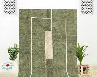 Green Abstract Rug Handmade Using Beni Ourain Rug Wool with an Art Rug Design and Green Moroccan Rug Texture for Living Room