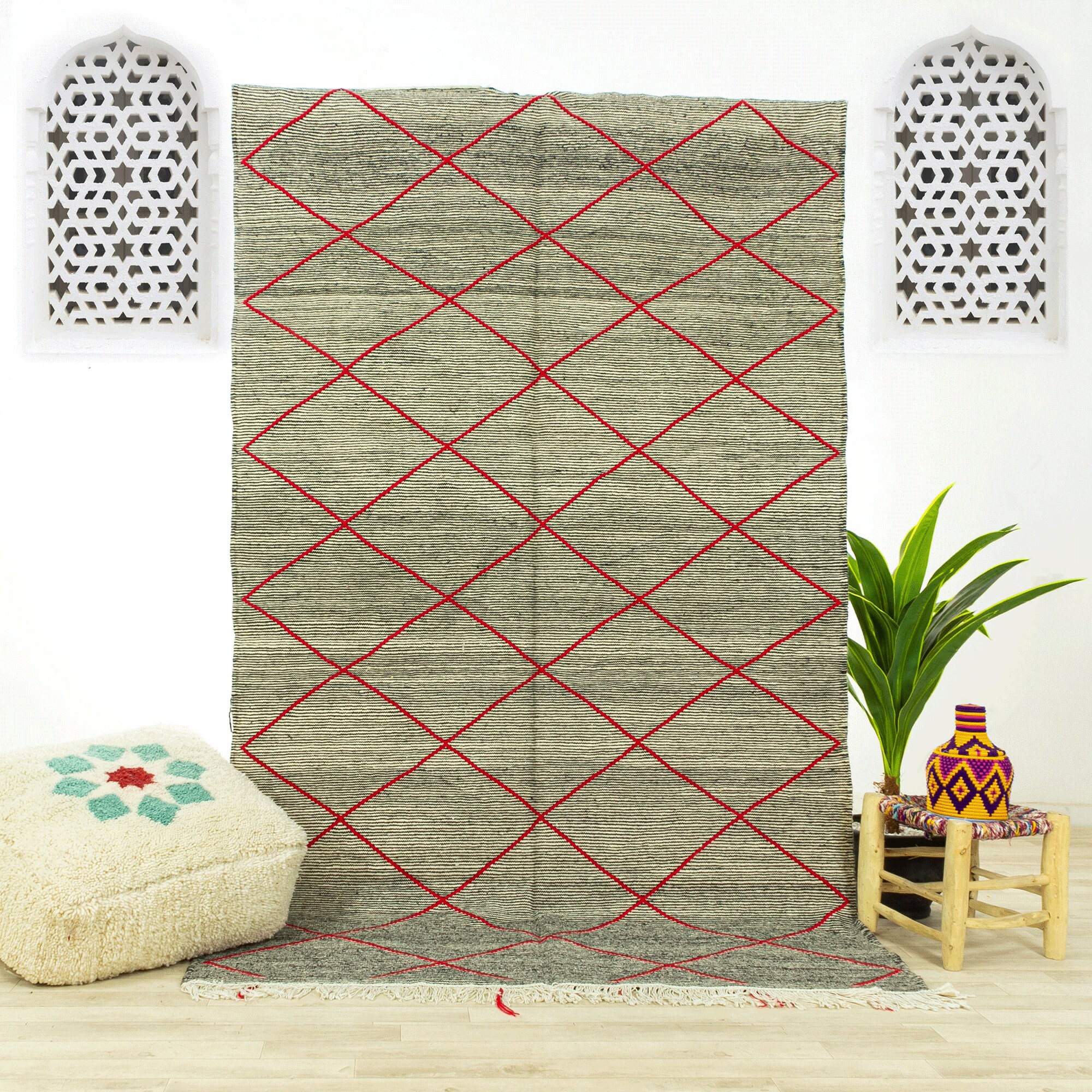 Tapis Contemporain Medium - Tapis Marocain Zone Oued Zem Fait Main Gris 5x8.3 Kilim Marocain