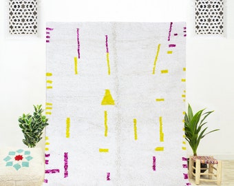 White Abstract Rug with a Contemporary Moroccan Berber Art Rug Design in a Moroccan Shag Texture Handmade of Natural Wool