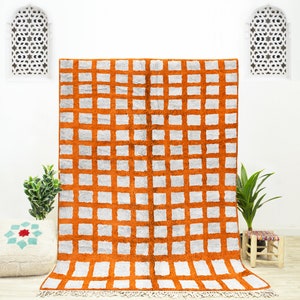 Moroccan Berber Checkered Wool Rug: Handwoven Orange Checkerboard