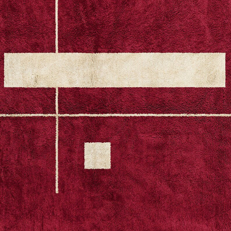 Handwoven Red Wool Rug: Abstract Moroccan Shag Design image 7
