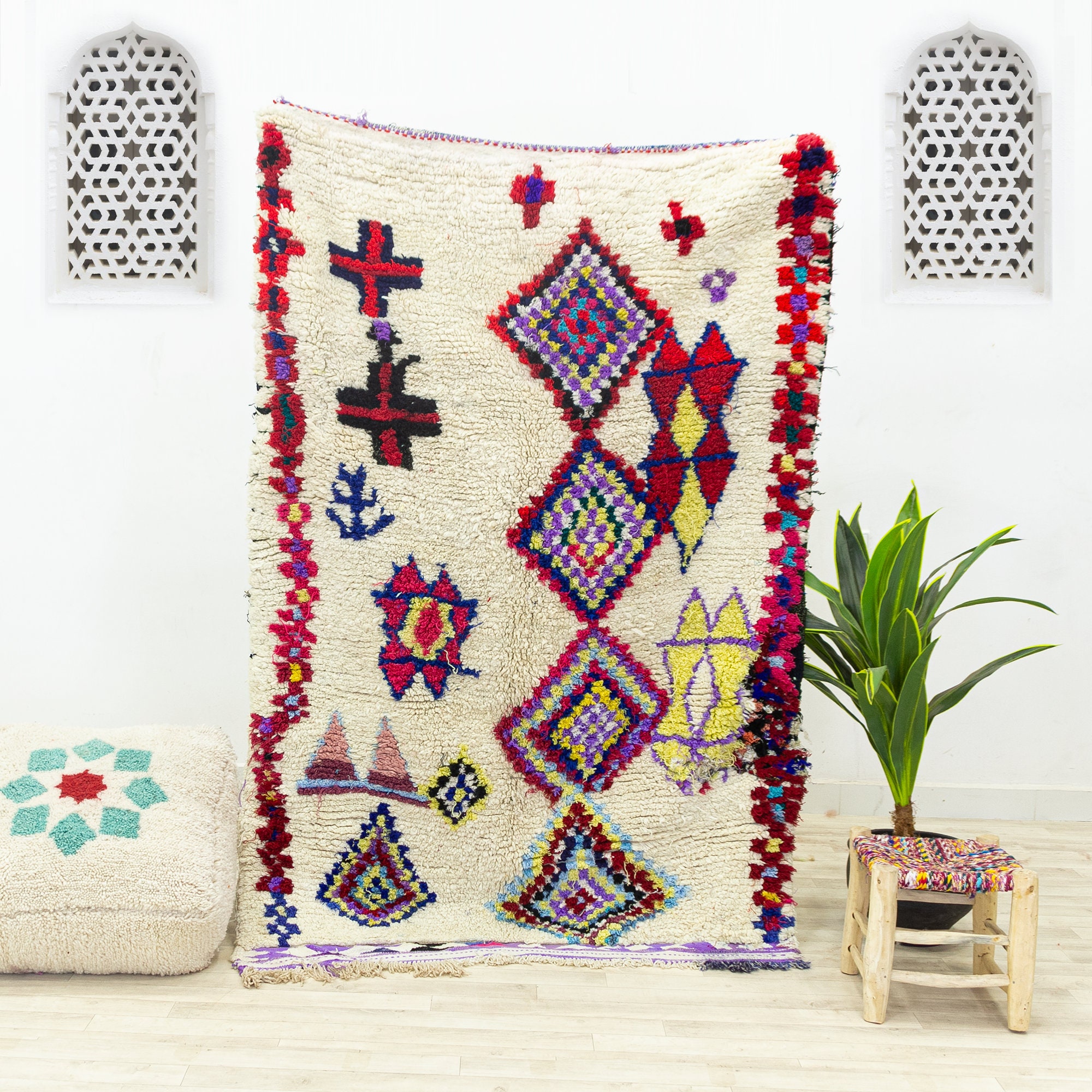 Tapis Contemporain Medium - Tapis Marocain Zone Fait Main Blanc 4.6x6.7 Authentique en Laine