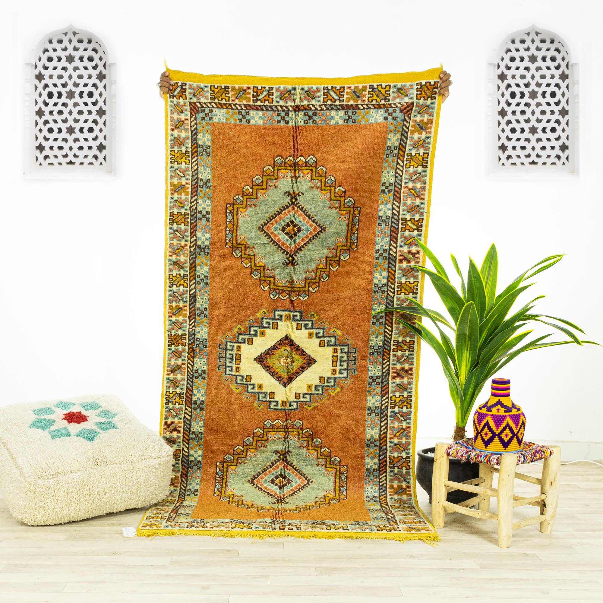 Tapis Vintage Medium - Tapis Marocain Tapis de Zone Fait à La Main Orange 3.6x6.6 Authentique en Lai