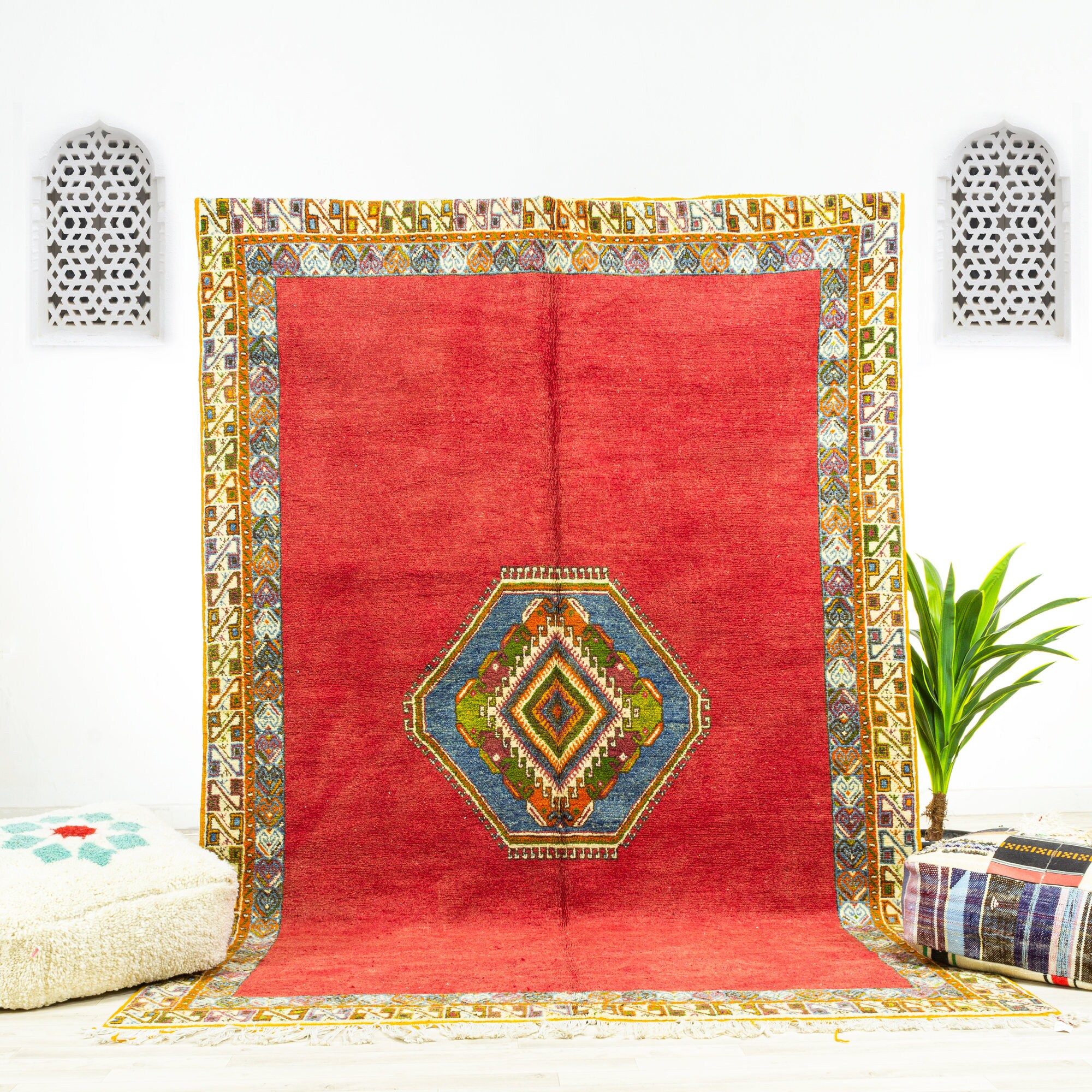 Grand Tapis Contemporain - Tapis Marocain de Zone Fait à La Main Rouge 6.6x9.8 Authentique en Laine