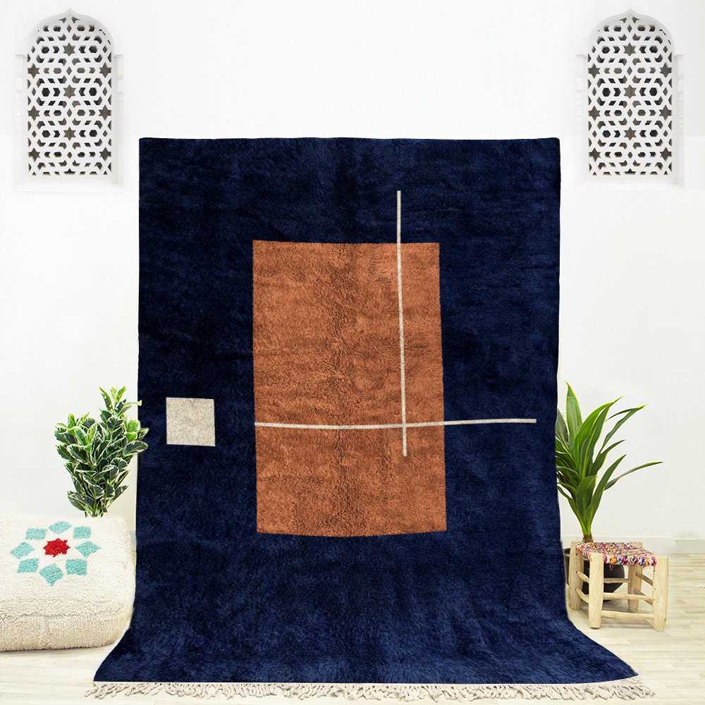 ブルーアブストラクト ベニ・ウライン ラグ：モロッコ製ハンドメイド