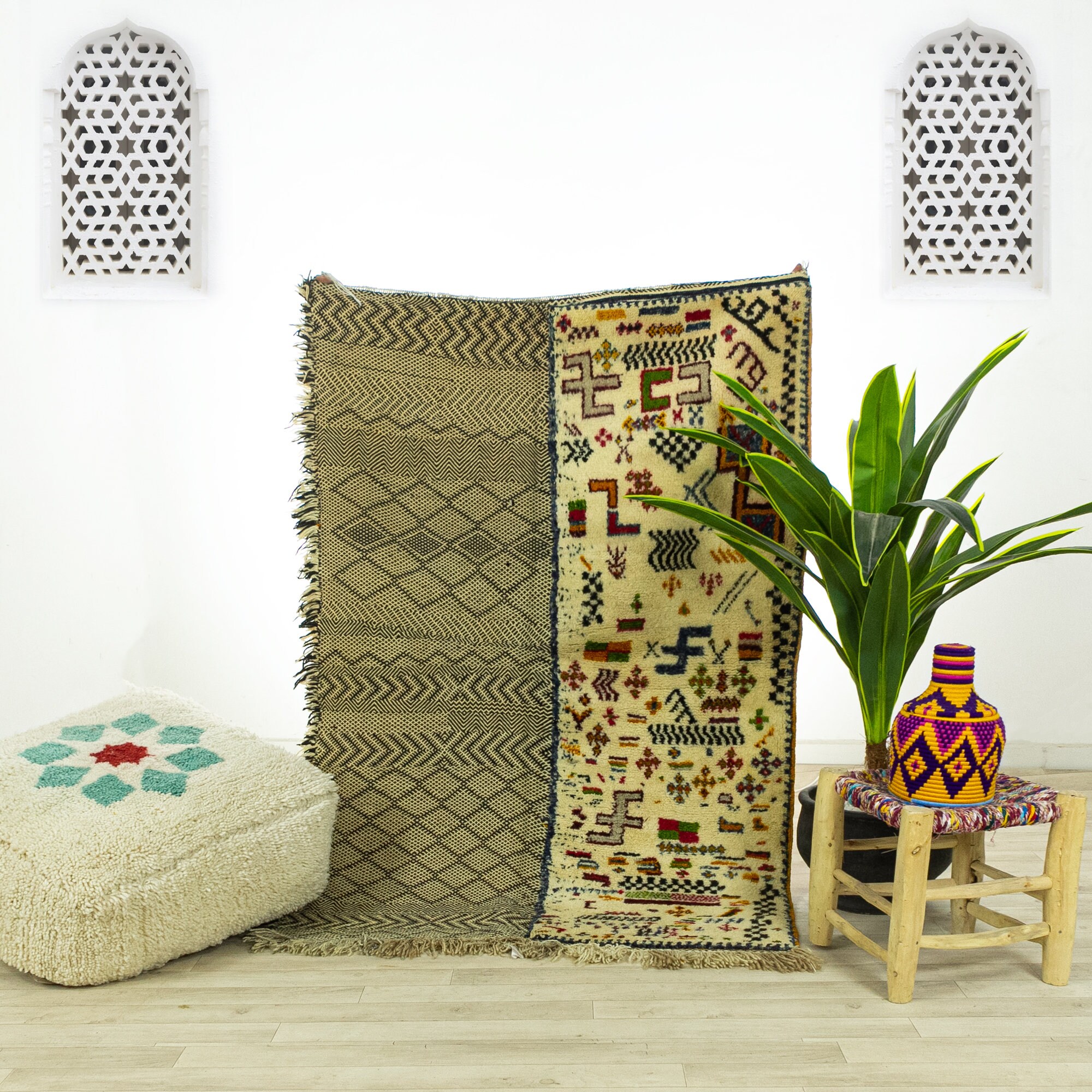 Petit Tapis Vintage - Tapis Marocain Zone Zanafi Fait à La Main Noir 3.4x5 Authentique