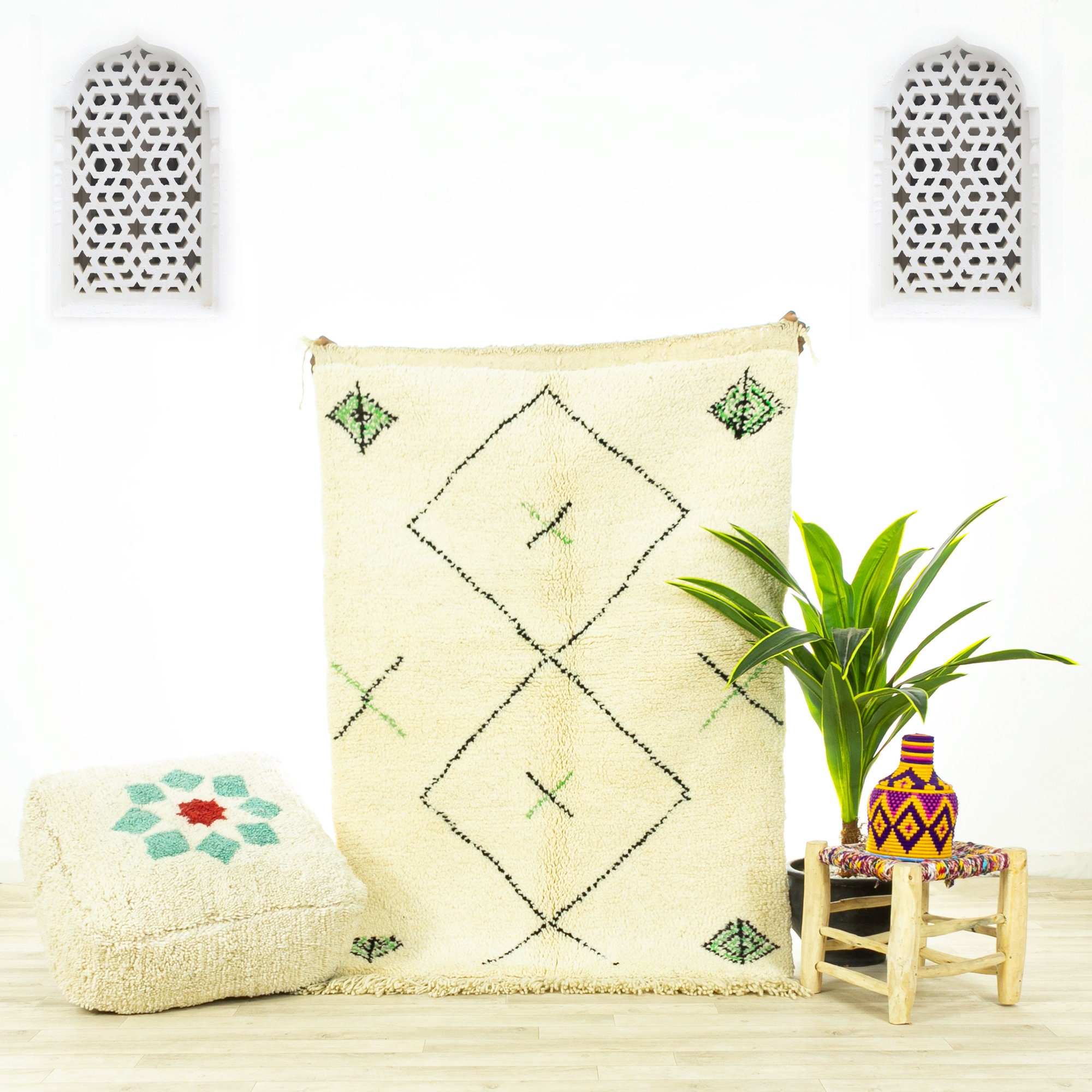 Petit Tapis Contemporain - Tapis Marocain de Zone Beni Ourain Fait à La Main Ivoire 3.5x5.1 Authenti