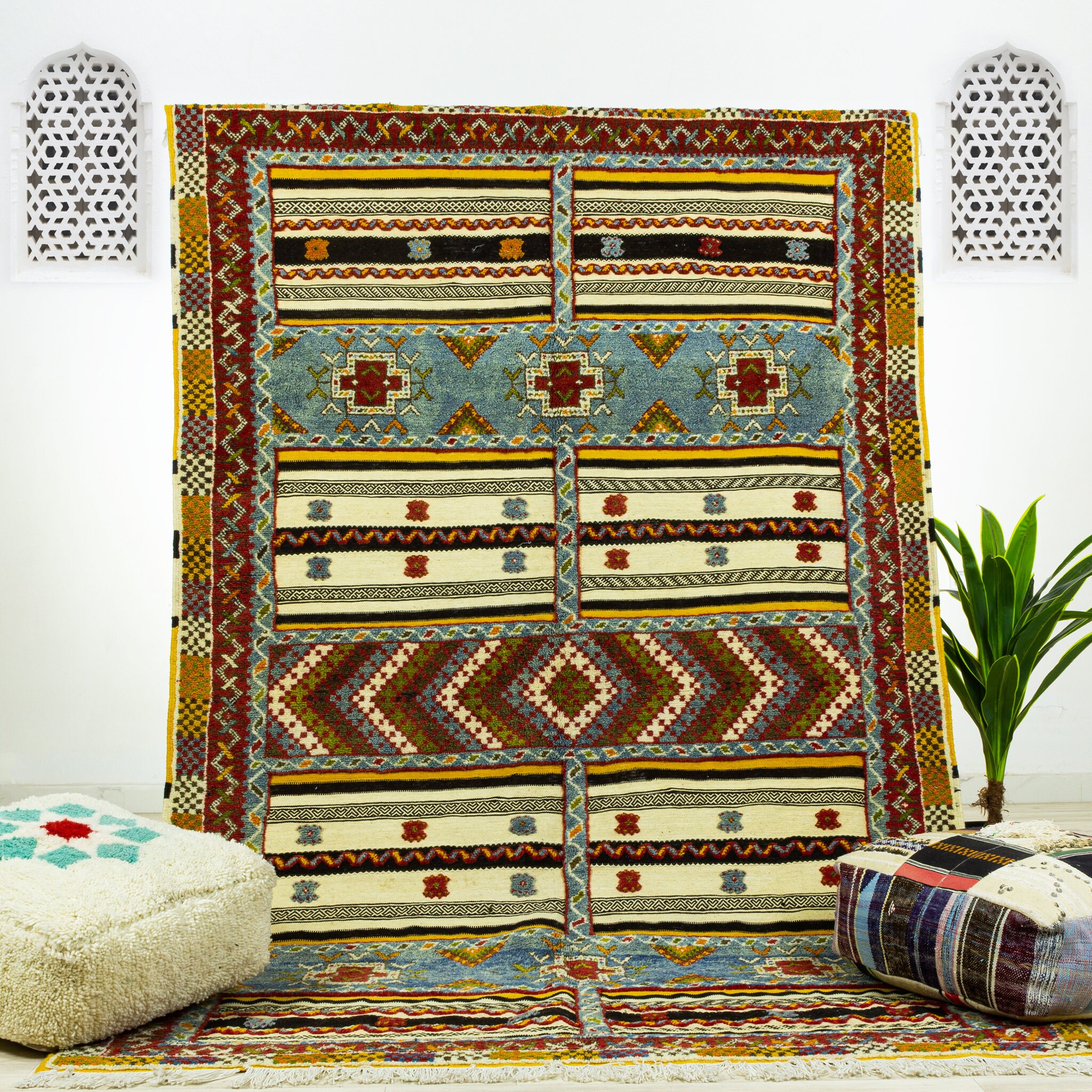 Grand Tapis Vintage - Tapis Marocain de Zone Fait à La Main Coloré 6.3x9.8 Authentique en Laine
