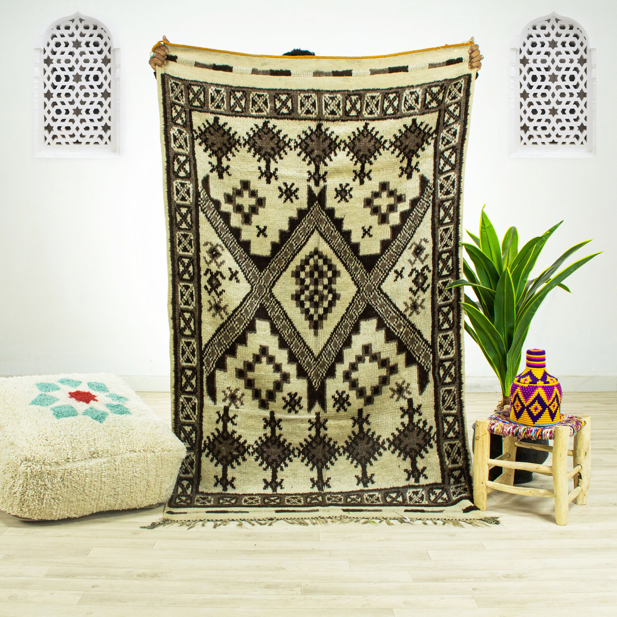 Vintage Medium Rug - Moroccan Area Handmade Brown Rugs 3.8x6.2 Authentic Wool Woven Rug