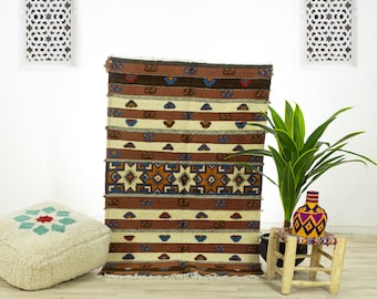 Brown Geometric Kilim Rug: Handwoven Moroccan Berber Wool Rug