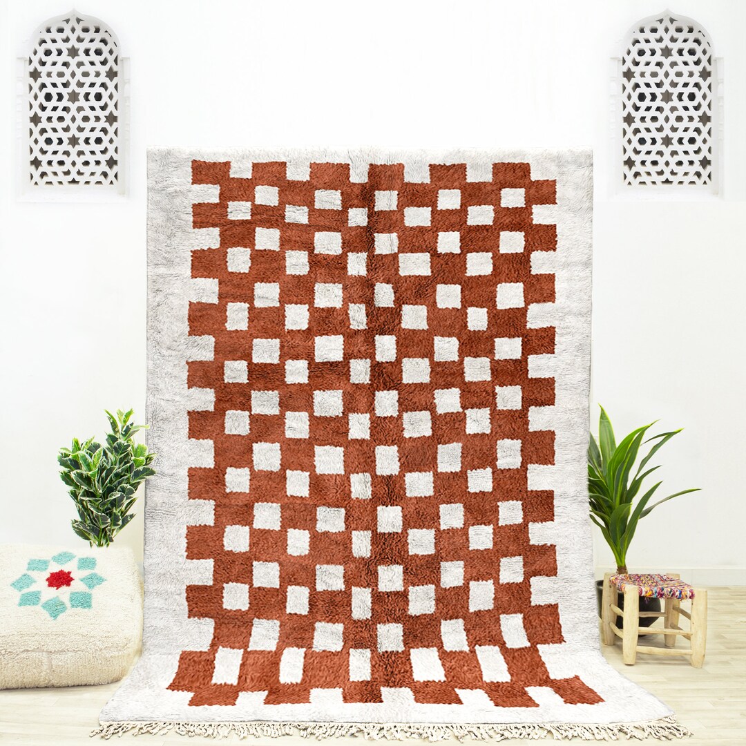 Brown Checkered Rug, Moroccan Shag Rug, Handmade Wool Rug, Checkerboard ...