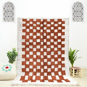 Handmade Brown Checkered Wool Rug: Moroccan Beni Ourain Shag