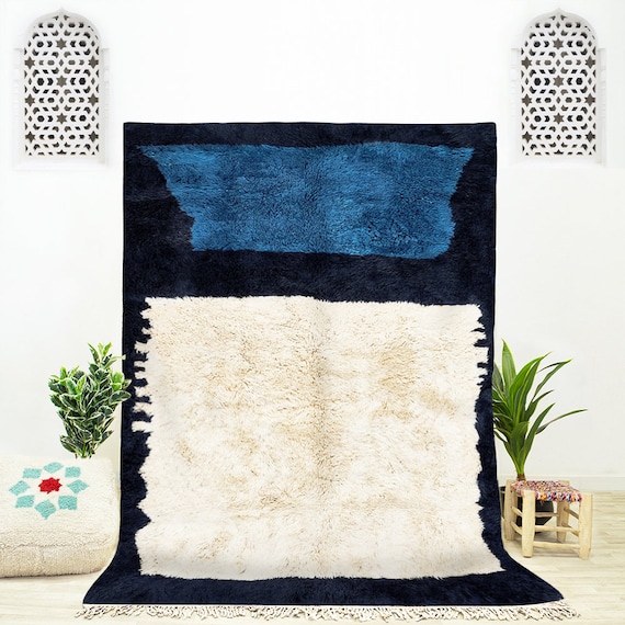 Abstract Blue Moroccan Rug: Custom Handmade Wool Beni Ourain Rug