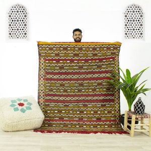 Kilim Area Rug is a Flatwoven  colorful Moroccan Berber Rug Using Organic Wool with a Boho Geometric Rug Pattern