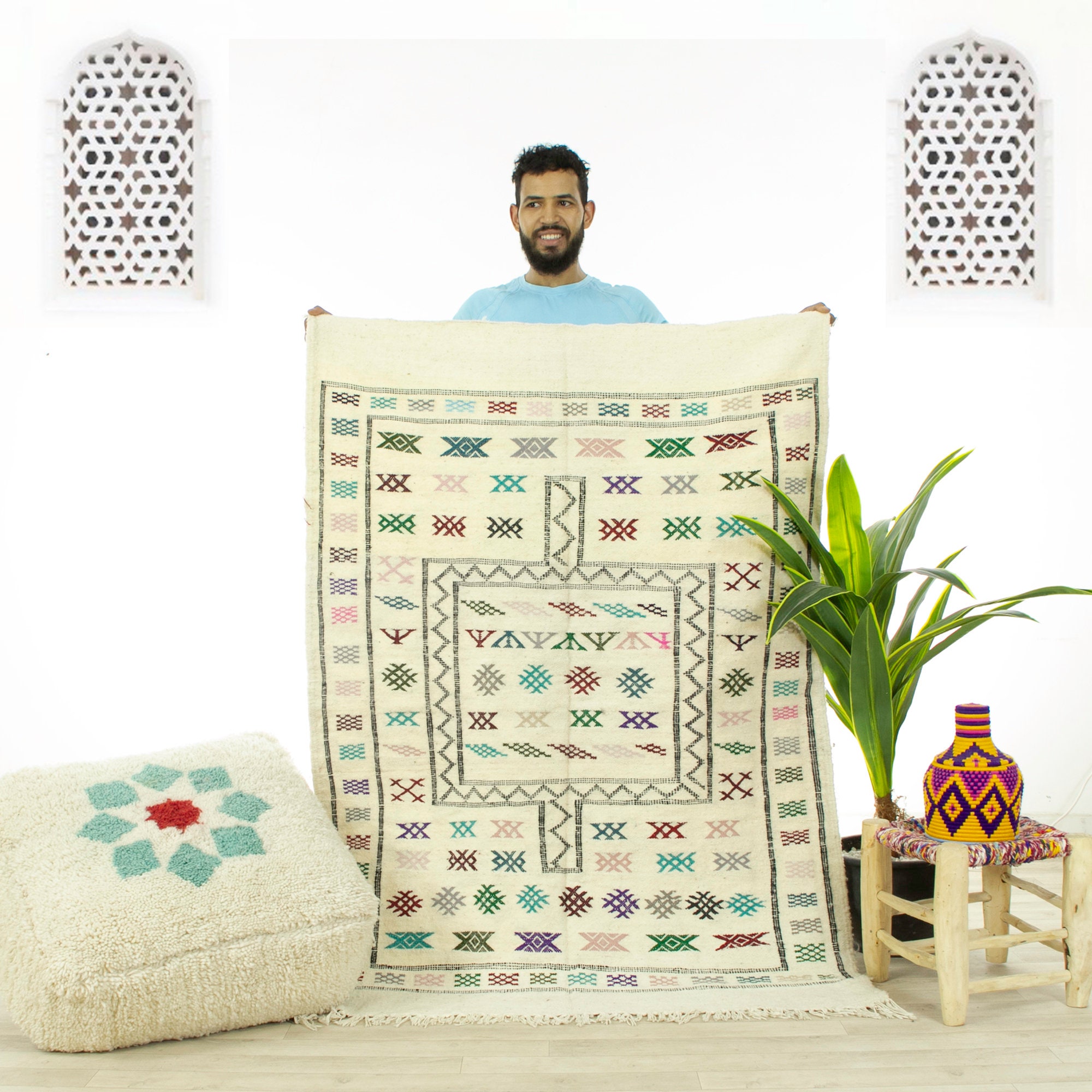 Petit Tapis Contemporain - Tapis Marocain Zone Oued Zem Fait à La Main Ivoire 3.7x5 Kilim Marocain