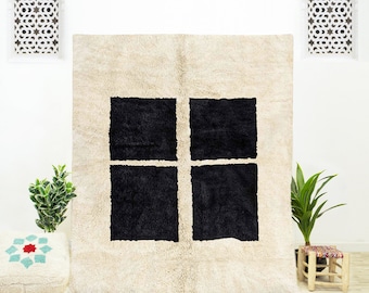 Handwoven Moroccan Shag Rug: Black and White Abstract Wool Area Rug (8x10)