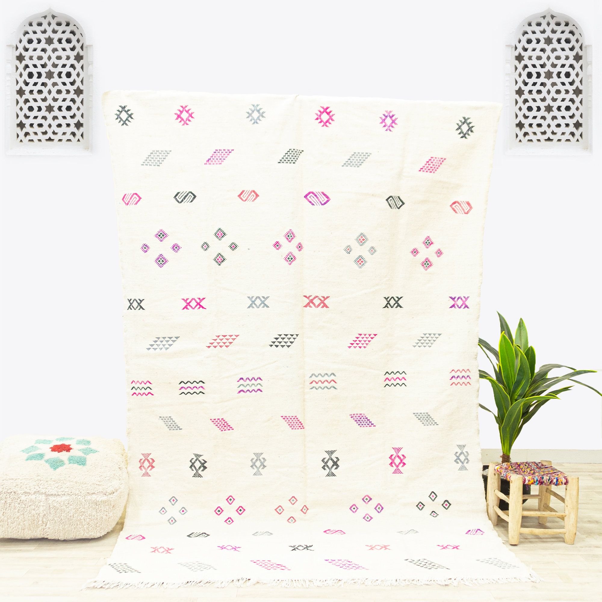 Grand Tapis Contemporain - Tapis Marocain de Zone Oued Zem Fait à La Main Blanc 6x9.2 Kilim