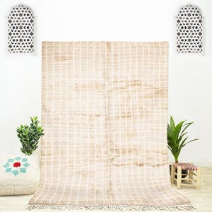 Custom Beige Checkered Rug is an Off-white Beni Ourain Rug with a Moroccan Berber Rug Pattern Handmade Using Moroccan Wool Carpet