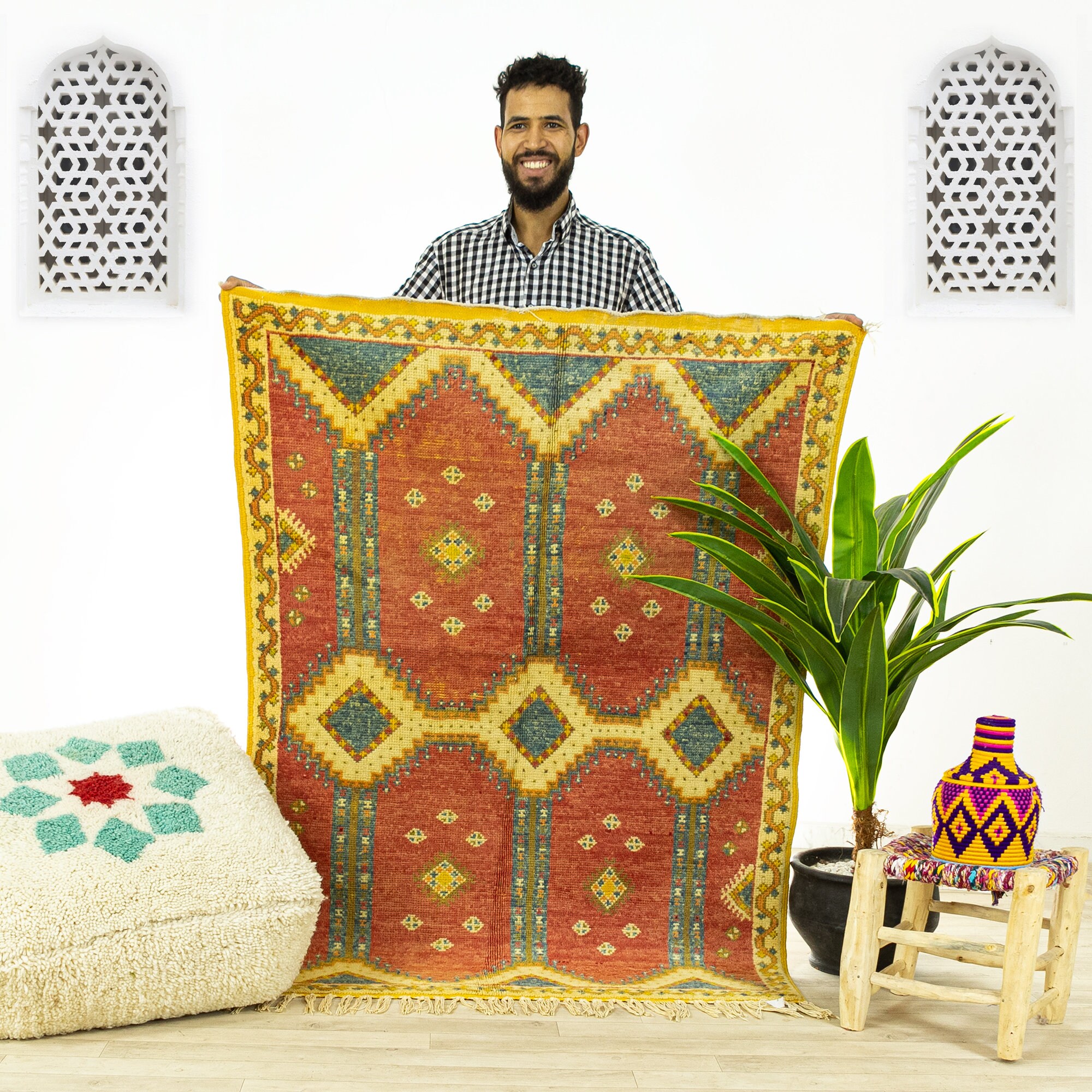 Petit Tapis Vintage - Tapis Marocain de Zone Fait à La Main Orange 3.8x4.9 Authentique Kilim Marocai