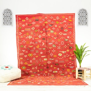 Red Kilim Rug with the Geometric Kilim Rug Desing is a Flatwoven Moroccan Berber Rug Handmade Using Natural Wool Rug