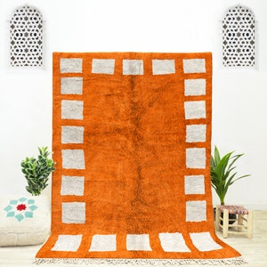 Large Orange Rug, Checkered Rug, Moroccan Shag Rug, Beni Ourain Rug, Handmade Wool Rug, Area Rug for Living Room