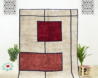 Tapete de lã marroquina tecido à mão: design geométrico abstrato branco