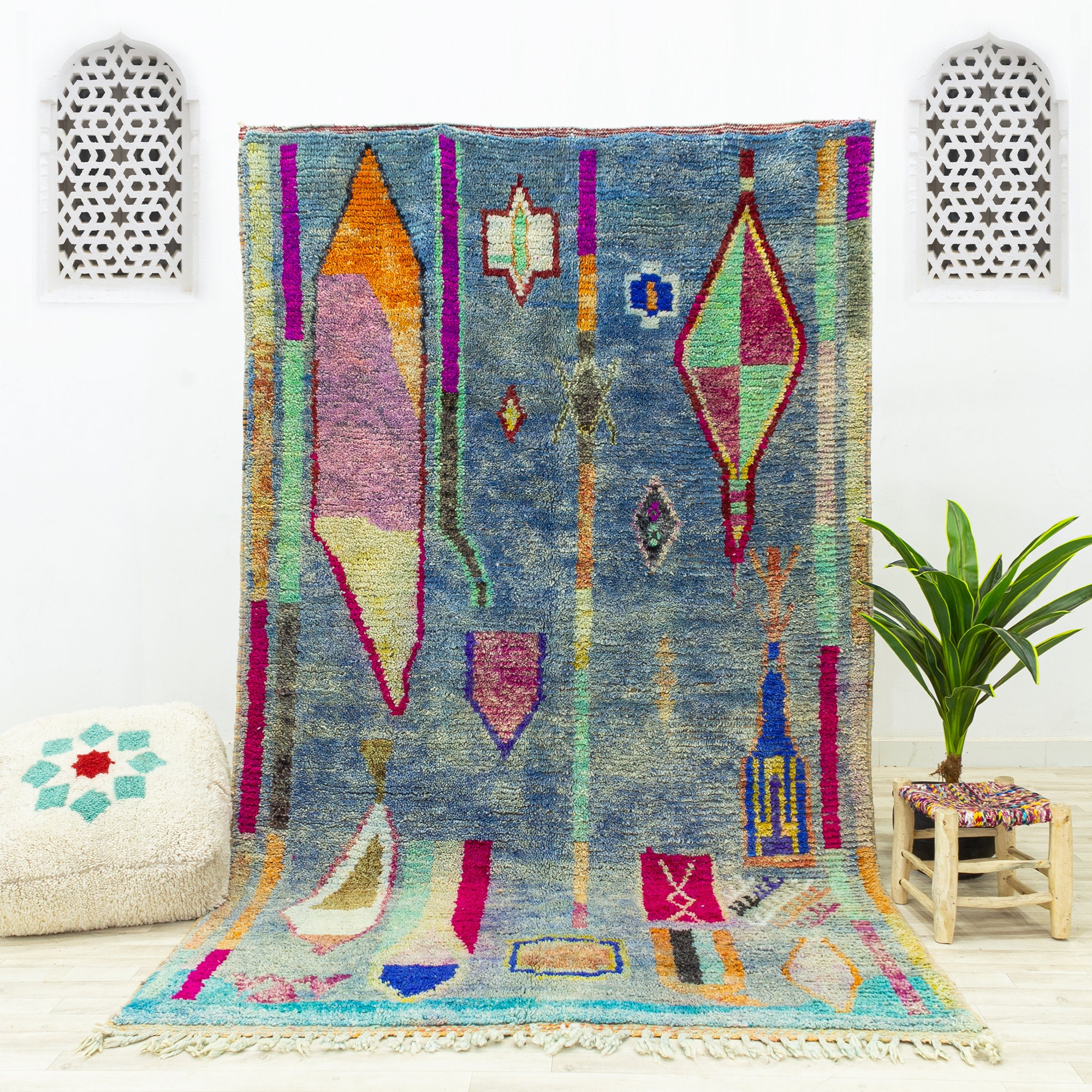 Grand Tapis Vintage - Tapis Marocain de Zone Boujaad Fait à La Main Bleu 6x9.8 Authentique