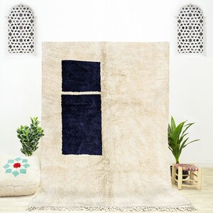 Handwoven Blue Moroccan Rug: Geometric Ivory Wool Shag