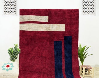 Handgemaakt rood Marokkaans wollen vloerkleed: abstract Berber Beni Ourain-ontwerp