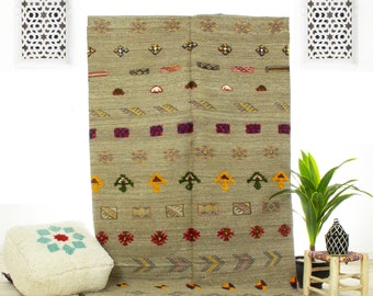 Handwoven Brown Moroccan Kilim Rug: Berber Geometric Design