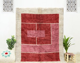 Handgewebter Roter Marokkanischer Wollteppich: Berber Geometrisches Design
