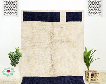 Handwoven Moroccan Shag Rug: Blue & White Wool Area Rug