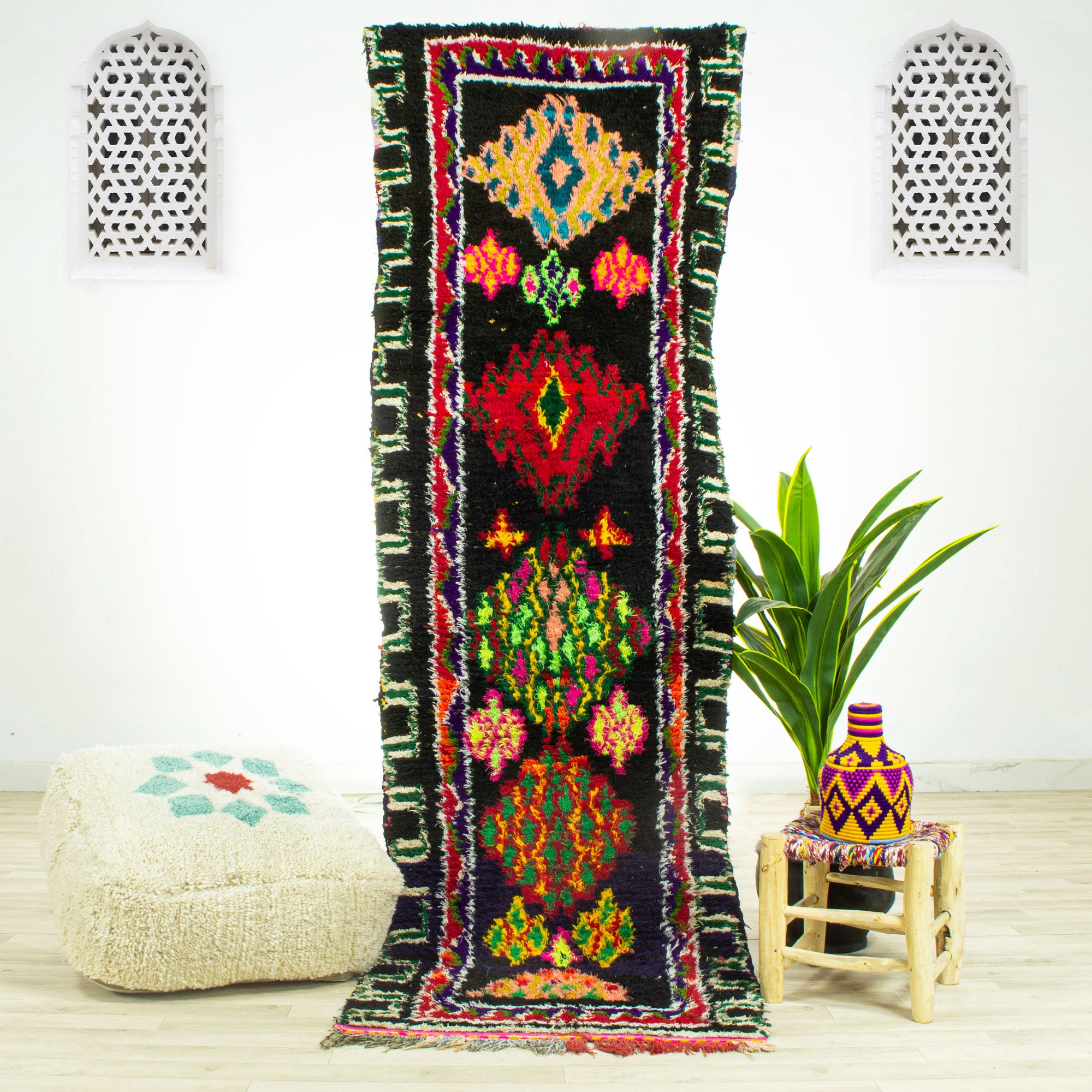 Tapis Runner - Tapis Vintage Floor Marocain de Zone Fait à La Main Tapis Noir 2.5x8.4 Authentique