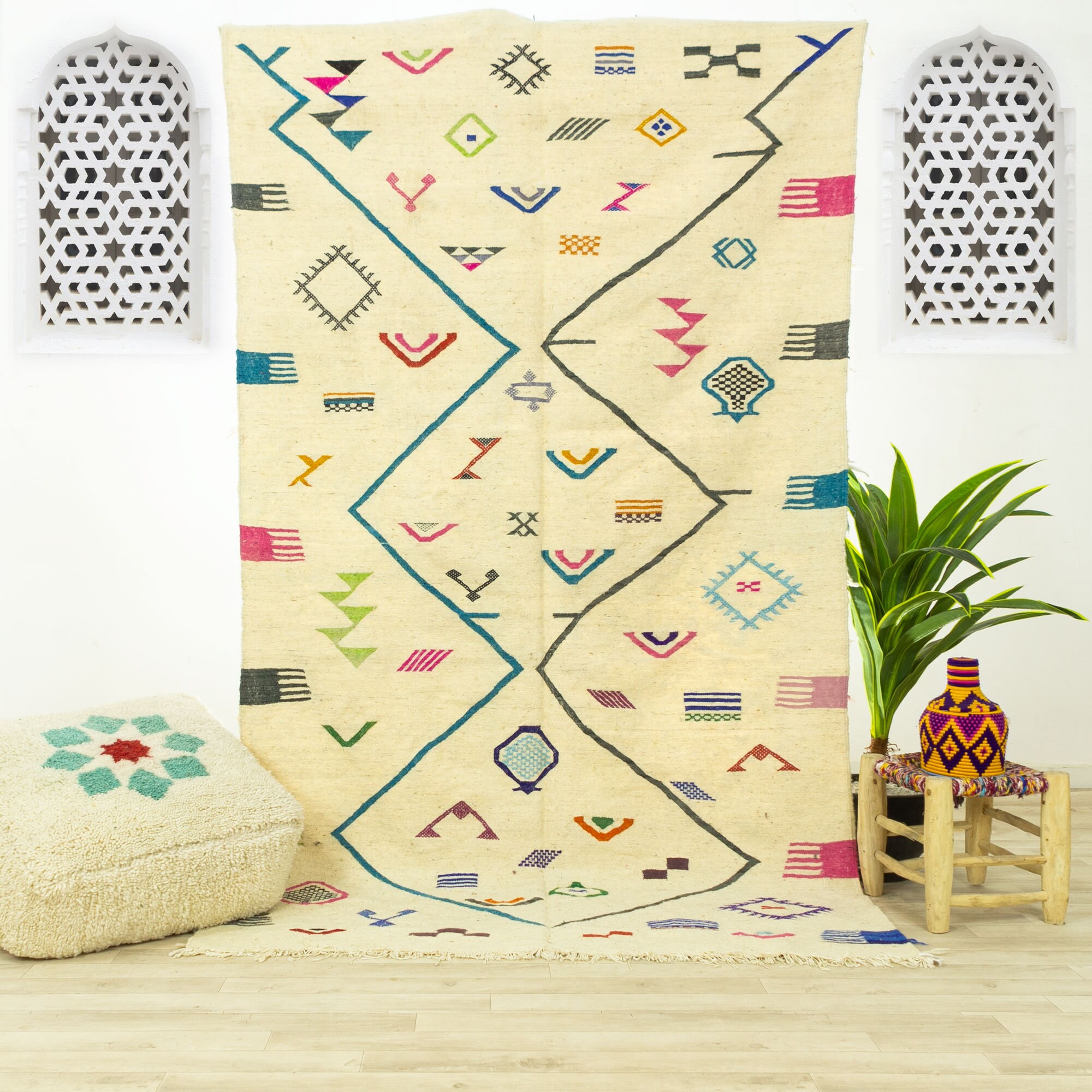 Tapis Contemporain Medium - Tapis Marocain Zone Oued Zem Fait Main Blanc 4.8x8.4 en Laine