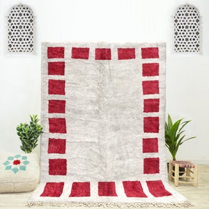 Red and White Checkered Area Rug, Custom Moroccan Shag Rug for Living Room