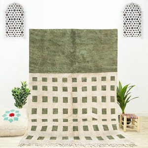 Handmade Green Checkered Moroccan Wool Rug