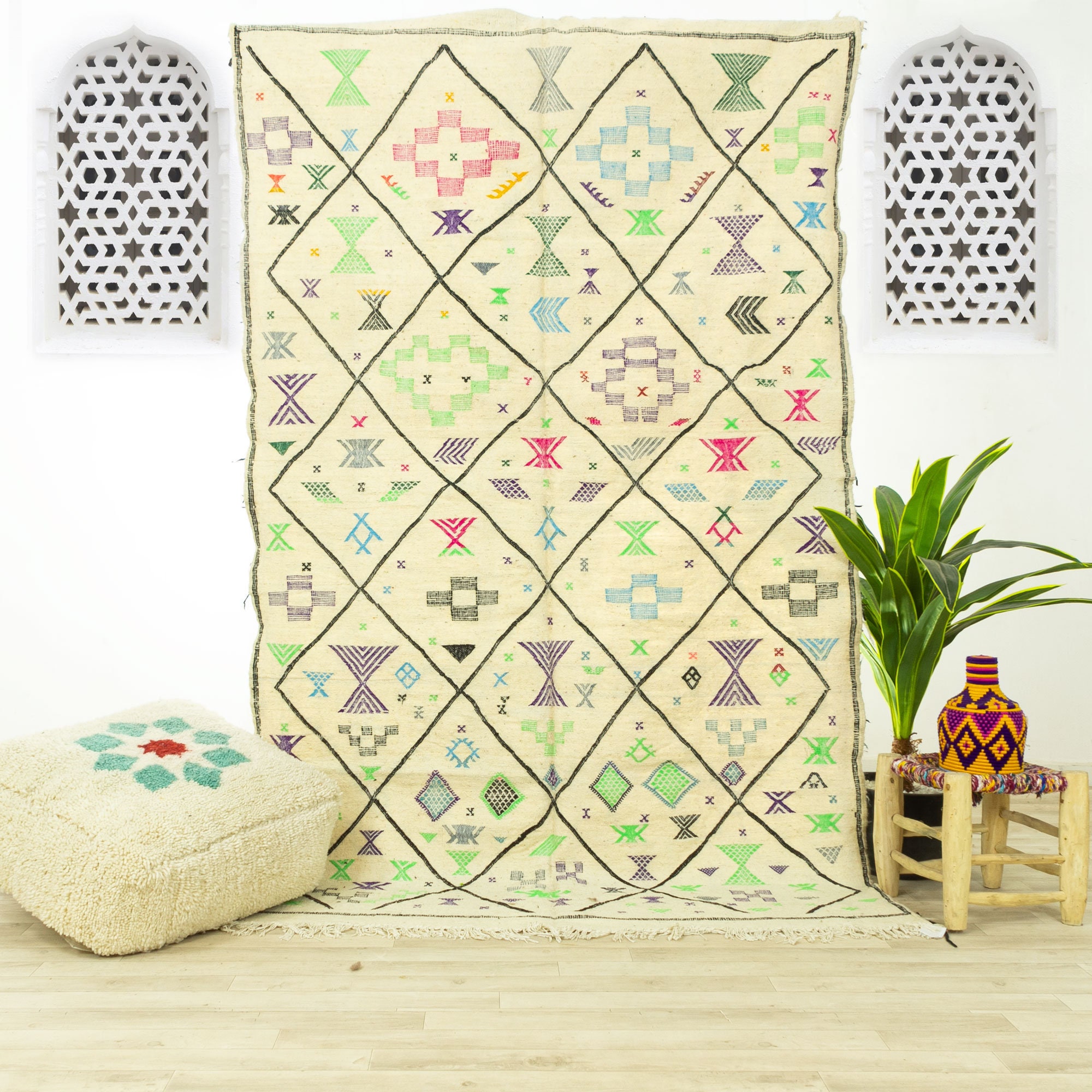 Tapis Contemporain Medium - Tapis Marocain Zone Oued Zem Fait Main Blanc 4.9x8 Kilim Marocain