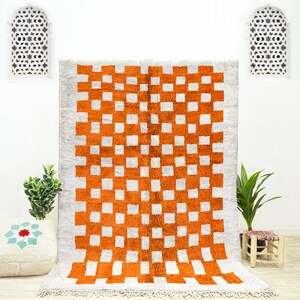 Custom Moroccan Orange and White Beni Ourain checkered rug