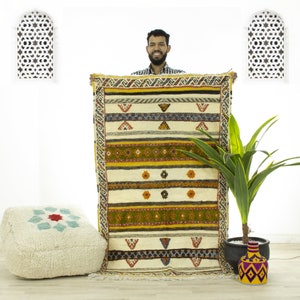 Rainbow Kilim Rug: Geometric Moroccan Berber Rug, Handwoven Wool