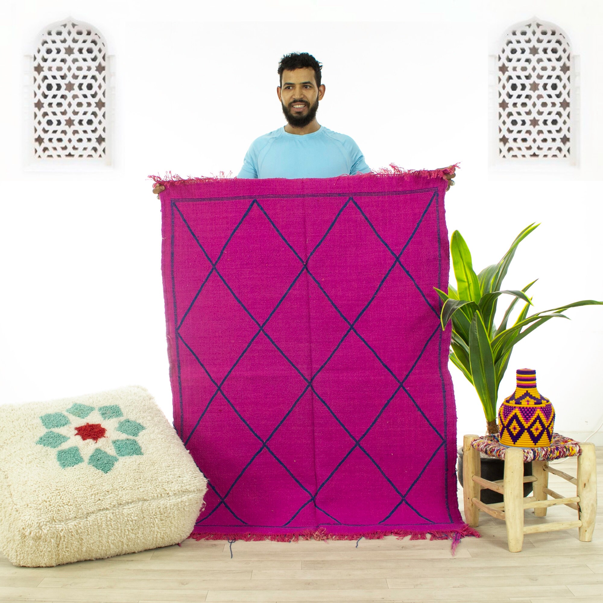 Petit Tapis Contemporain - Tapis Marocain de Zone Oued Zem Fait à La Main Rose 3.4x4.5 Kilim