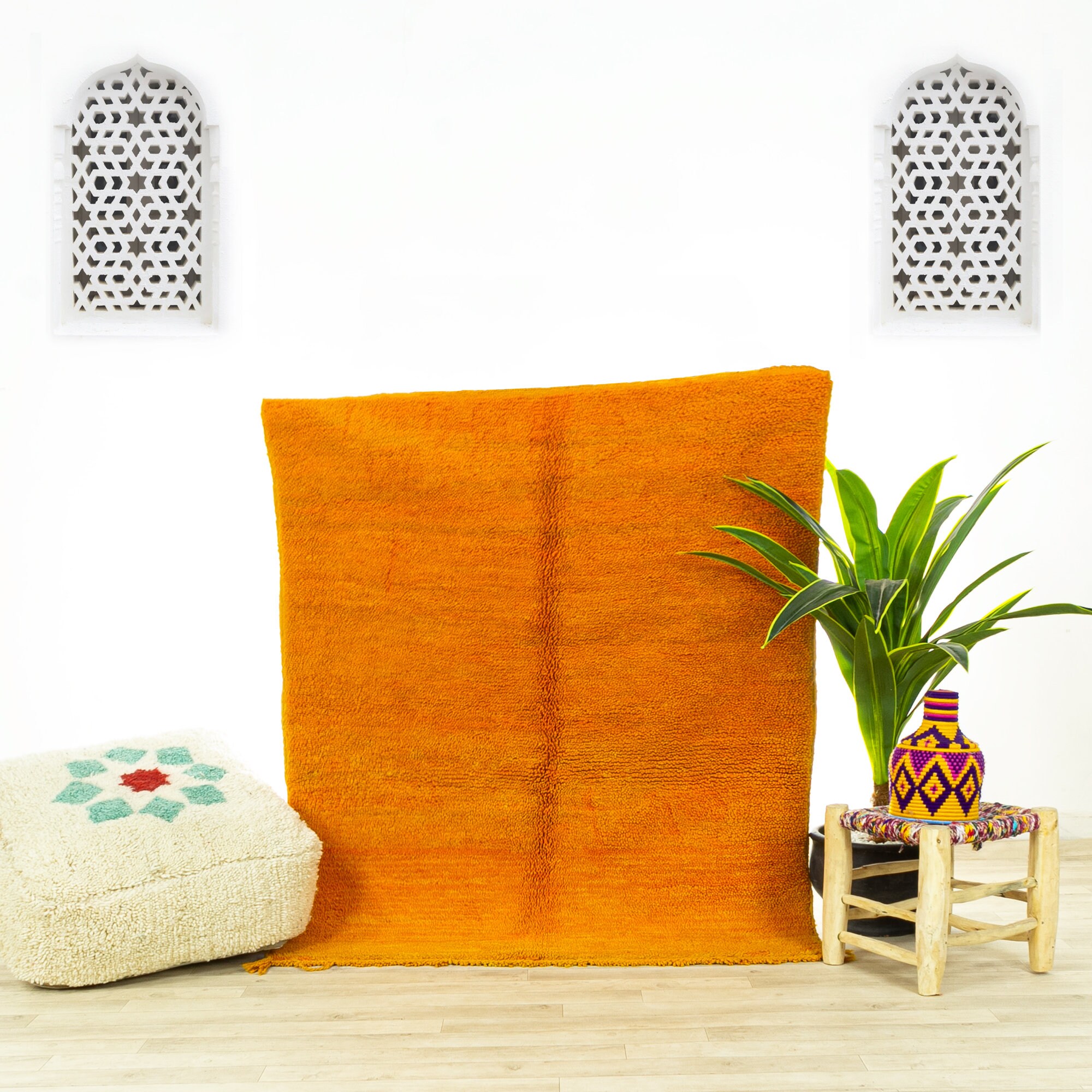 Petit Tapis Contemporain - Tapis Marocain de Zone Beni Ourain Fait à La Main Orange 3.9x4.7 Authenti