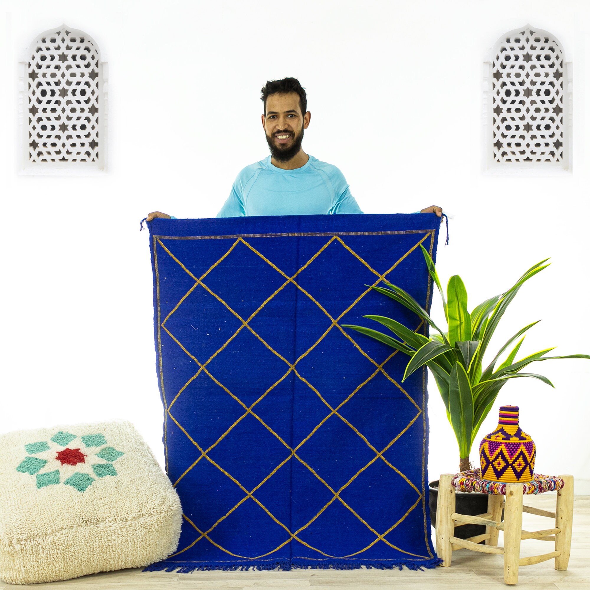 Petit Tapis Contemporain - Tapis Marocain de Zone Oued Zem Fait à La Main Bleu 3.4x4.6 Kilim