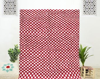 Handmade Red and White Checkered Berber Rug: Moroccan Wool Area Rug