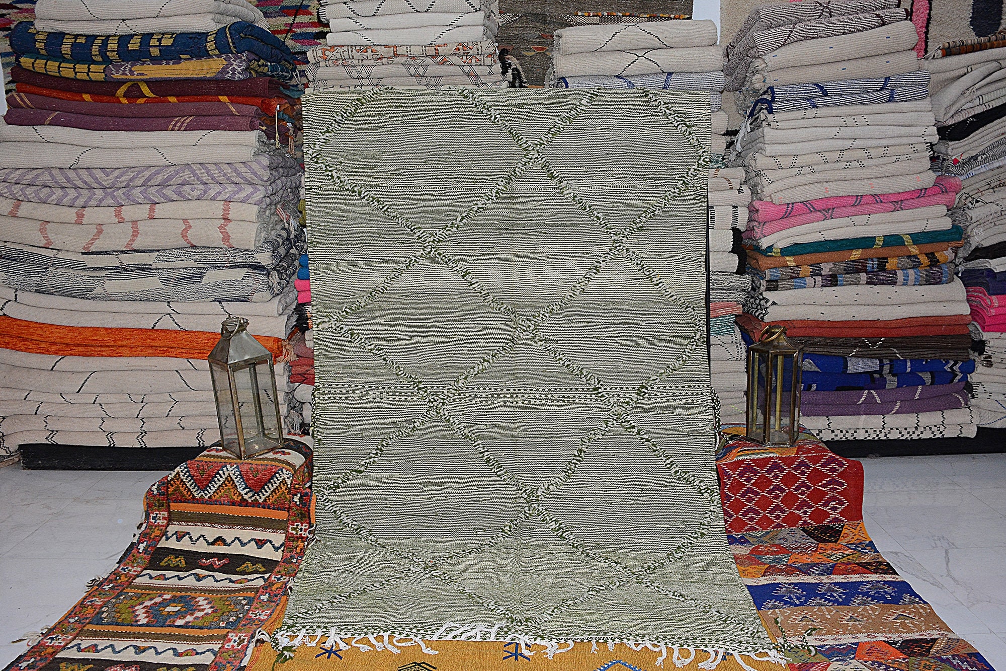 Contemporary Oversize Rug - Moroccan Area Zanafi Handmade Green Rugs 5.4x10 Wool Rug