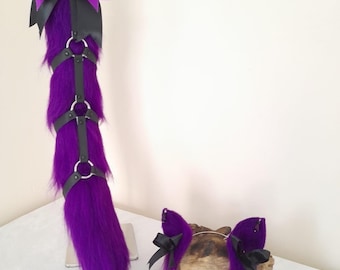 Purple & Black - Strappy design - Kitten ear and tail set.
