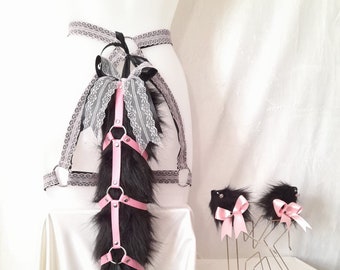 Pink & Black - Kitten ear, tail and harness set.