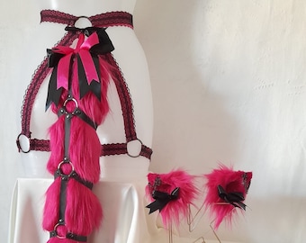 Pink & Black - Kitten ear, tail and harness set.