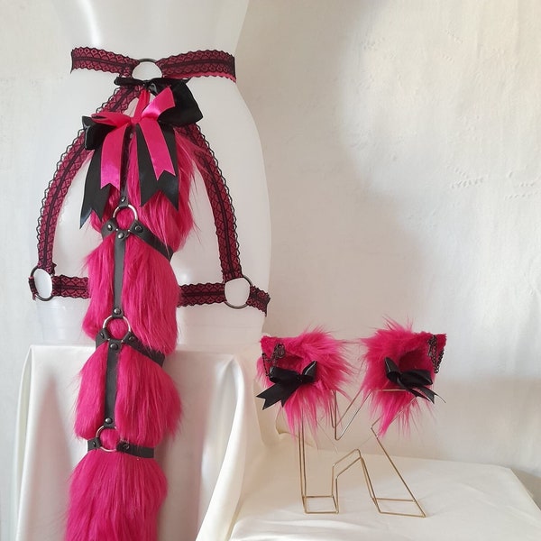 Pink & Black - Kitten ear, tail and harness set.