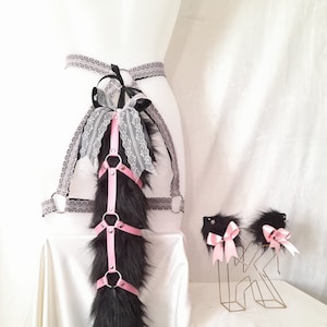 Pink & Black - Kitten ear, tail and harness set.